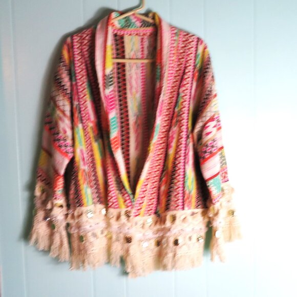 Southwestern Print Jacket Open Front Coat Caftan Sleeves Multi-Colors Size Large - Picture 1 of 9